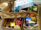 (LAUNDRY) BOX LOTS ; BOX INCLUDES CANNING LIDS , MISC.. HARDWARE , DRAPERY HOOKS , BASKET , ETC.