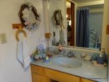 (BATH) CONTENTS ON VANITY; SOAP AND TOOTH HOLDERS , WREATH, GLASS CONTAINERS AND SILK FLOWER