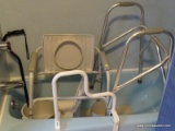 (BATH) HANDICAP LOT ; INCLUDES -WALKER, POTTY CHAIR CANE AND TUB RAILING