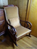 (FRM) ROCKER ; MAHOGANY ROCKER GOLD VELVET UPHOLSTERY ; 22 IN X 33 IN X 43 IN EXCELLENT CONDITION