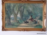 (LRM) FRAMED PICTURE; GOLD FRAMED PRINT OF HORSE-DRAWN CARRIAGE- 41 IN X 29 IN