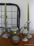 (LRM) PEWTER LOT ; LOT INCLUDES- PAIR 8 IN TALL CANDLE HOLDERS, 7 INCH TEAPOT, 8 IN EWER AND A