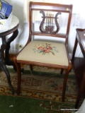 (LRM) VINTAGE CHAIR ;MAHOGANY LYRE BACK CHAIR WITH NEEDLEPOINT SEAT- 20 IN X 17 IN X 34 IN