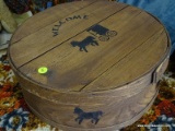 (LRM) CHEESE BOX; STAINED AND FOLK STENCILED CHEESE BOX -15 DIA X 16 IN TALL