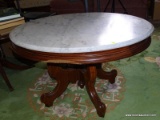 (LRM) ANTIQUE TABLE; ANTIQUE VICTORIAN WALNUT MARBLE TOP TABLE- 34 IN X 25 IN X 20 IN