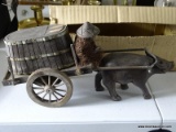 (LRM) CARVED FIGURE; TEAKWOOD CARVED OX CART WITH OX FROM THE PHILIPPINES IN ORIGINAL BOX- 12 IN L 5