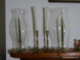 (LRM) CANDLE HOLDERS; 2 PR. OF BRASS CANDLEHOLDERS- 1- 7 IN H. AND 1 PR. WITH HURRICANE SHADES-15 IN