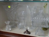 (LRM) SHELF LOT; CONTENTS OF LOWER SHELF TO INCLUDE- 3 LEAD CRYSTAL VASES 8 IN -10 IN H, ETCHED