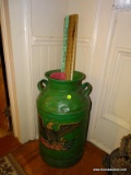 (HALL) MILK CAN; VINTAGE PAINTED MILK CAN- NO LID- 23 IN H AND INCLUDES FLY SWATTERS AND ADVERTISING