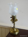 (HALL) LAMP; BRASS LAMP WITH FROSTED ETCHED GLASS SHADE- 12 IN H