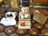 (DBED) SEWING NOTIONS; LOT OF SEWING AND NEEDLEPOINT NOTIONS AND BOX AND JAR OF VINTAGE BUTTONS,