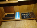 (DBED) MISC.. LOT; LOT INCLUDES VINTAGE MAHOGANY BOX, SCALES, WAX SEAL AND WAX, 3 SCIENCE DISSECTION