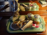 (UPD1) DRESSER SET; VINTAGE PAINTED DRESSER TRAY WITH SILVER PLATED COMB, BRUSH AND MIRROR, PERFUME