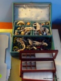 (UPBD1) JEWELRY LOT; JEWELRY BOX OF COSTUME JEWELRY- NECKLACES, PINS AND EARRINGS AND INCLUDES A
