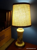 (UPBD1) LAMP; PAINTED GLASS AND BRASS BASED LAMP WITH FIBER SHADE- 20 IN H