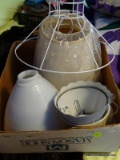 (UPBD1) LAMP SHADE LOT; MISC.. LAMP SHADES- MILK GLASS SHADE, 3 FIBER SHADES, PR. OF GLASS CHIMNEYS