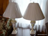 (FRM) PAIR OF LAMPS ; PAIR OF CARVED ALABASTER LAMPS WITH SHADES 28 IN H