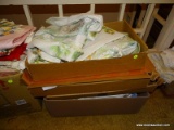 (UPHALL) BOX LOT; LARGE BOX LOT OF DRAPERIES AND CURTAINS, KNITTING YARN AND CLOTH SCRAPS FOR