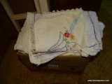 (UPHALL) BOX LOT; BOX LOT OF TABLE SCARVES AND DOILIES- SOME WITH CROSS STITCHING