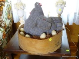 (FRM) FOLK ART DECORATIONS ; FOLK ART CLOTH CHICKEN NESTING IN WOODEN CHEESE BOX 11 IN H