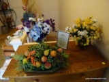 (UPHALL) FLOWER ARRANGEMENTS; 2 SILK FLOWER ARRANGEMENTS- 13 IN H AND A FRUIT ARRANGEMENT ON TRAY