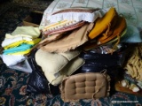 (BD2) PILLOW LOT; 2 BAGS OF DECORATIVE PILLOWS ( MOST ARE HANDMADE QUILTED PILLOWS) AND CHAIR PADS