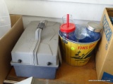 (BPORCH) MISC.. LOT; TACKLE BOX OF ART SUPPLIES (OILS AND BRUSHES) AND METAL FINS UP BUCKET WITH