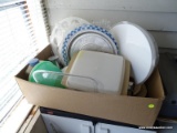 (BPORCH) BOX LOT; LOT INCLUDES- 2 IRONSTONE PLATTERS, ELECTRIC KNIFE, 4 IN 1 PARTY PLATTER, VARIOUS