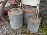 (CARPORT) VINTAGE GAS CANS; 3 VINTAGE GALVANIZED GAS CANS- 2 - 5 GAL. AND 1- 2 GAL