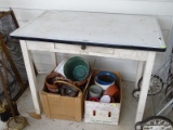 (FRONT PORCH) VINTAGE TABLE; VINTAGE ENAMEL TOP SELLERS 1 DRAWER KITCHEN TABLE-35 IN X 25 IN X 29 IN