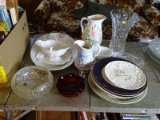 (FRM) LOT OF GLASS AND PORCELAIN ; 6 PORCELAIN PLATES, 16 IN IRONSTONE PLATTER , GOLD PAINTED DISH ,