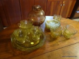 (KIT) DEPRESSION GLASS ; 19 PCS. AMBER MADRID DEPRESSION GLASS- 7 CUPS AND SAUCERS, 2 CREAMERS, 2