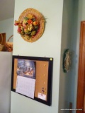 (KIT) 3 DECORATIVE WALL HANGS ; CROSS STITCH IN FRAME , FLOWER WREATH, CORK BOARD 22 IN X 18 IN