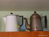 (KIT) ANTIQUE COFFEE POTS ; WHITE ENAMEL COFFEE POT 8 IN AND METAL 9 IN COFFEE POT WITH WOODEN