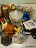 (KIT) COUNTER LOT ; LOT INCLUDES- TRIVETS ,SALT AND PEPPER SHAKERS, PYREX , ETC.