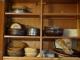 (KIT) CABINET LOT ; CONTENTS INCLUDE WOODEN SALAD BOWLS, CHROME AND GLASS CASSEROLE DISH, WOOD TRAY