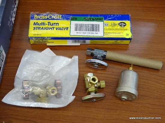 PLUMBING LOT; INCLUDES 2 BRASS CRAFT MULTI-TURN STRAIGHT VALVES (1 IN PACKAGING), A 1/2" DUAL