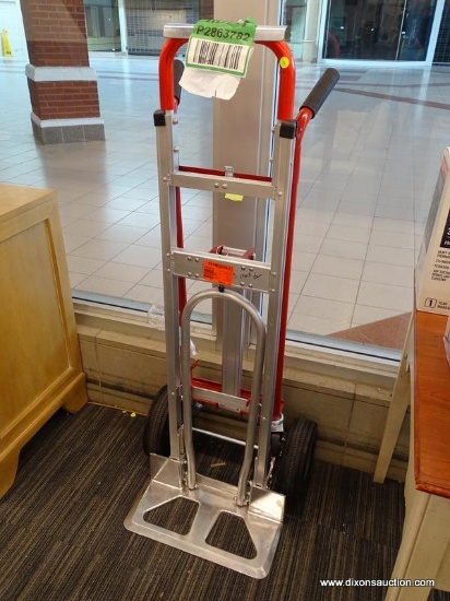 HAND TRUCK; RED AND STAINLESS FINISH DOLLEY WITH PULLOUT ROLLING SUPPORT. PLEASE NOTE THIS HAND