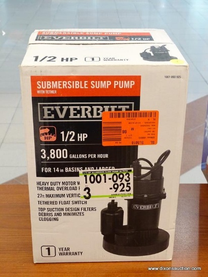 EVERBILT SUBMERSIBLE SUMP PUMP; HAS 1/2 HP MOTOR AND CAN PUMP 3,800 GALLONS PER HOUR. FOR 14" BASINS