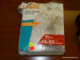 HDX TRASH BAGS; BOX OF EXTRA LARGE TRASH BAGS (FIT 45 - 55 GALLON CANS). EACH HAS EASY TIE FLAP