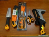 FISKARS LOT; INCLUDES A SET OF GRASS SHEARS, A 14 IN. BIG GRIP GARDEN KNIFE, A POWER TOOTH SAW, A