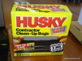 HUSKY CONTRACTOR CLEAN-UP BAGS; BOX CONTAINING (32) HEAVY DUTY 42 GALLON BAGS.