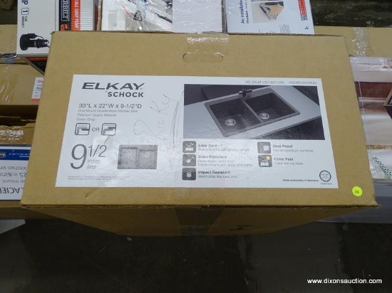 ELKAY BY SCHOCK DUAL MOUNT DOUBLE BOWL KITCHEN SINK; IS IN THE ORIGINAL BOX. GRAY IN COLOR. MEASURES
