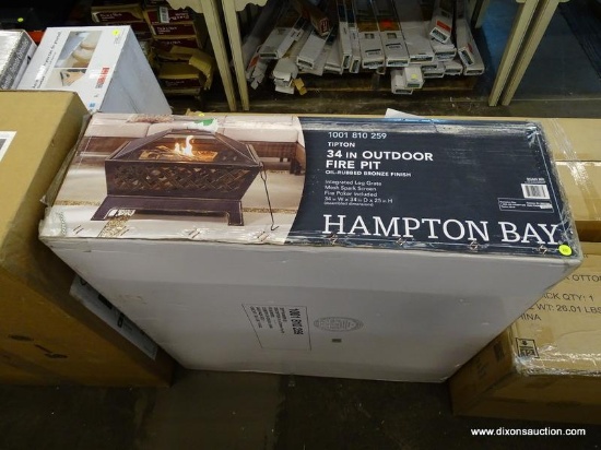 HAMPTON BAY 34" OUTDOOR FIRE PIT; "TIPTON" OIL RUBBED BRONZE FINISH FIRE PIT IN THE ORIGINAL BOX.