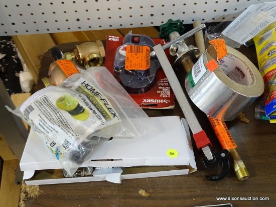 ASSORTED LOT; INCLUDES A HUSKY TELESCOPING BASIN WRENCH, A ROLL OF VENTILATION TAPE, A BRASSCRAFT