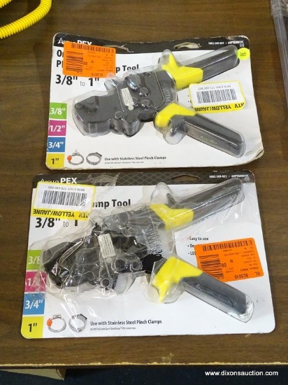 PEX CRIMPING TOOLS; 1/2 IN. AND 3/4 IN. DUAL PEX COPPER CRIMP RING TOOLS. ARE YELLOW AND BLACK IN