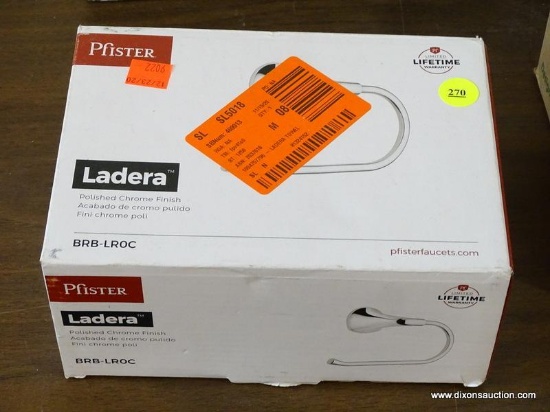 PFISTER TOILET PAPER HOLDER; "LADERA" WITH A POLISHED CHROME FINISH. IS IN THE ORIGINAL BOX. MODEL