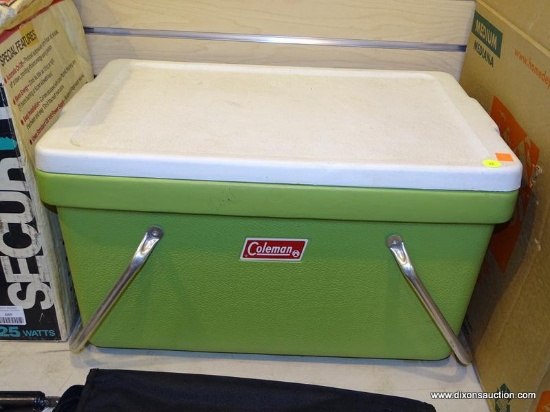 COLEMAN COOLER; VINTAGE GREEN AND WHITE COOLER WITH DOUBLE CHROME HANDLES. IS IN VERY GOOD CONDITION