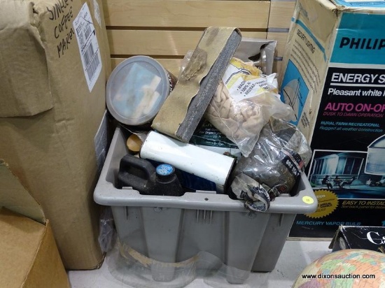 TUB LOT OF ASSORTED ITEMS; INCLUDES A BAG OF RAGS, PAINT ROLLERS, VERY FINE STEEL WOOL, A SANDING