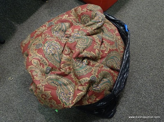 COMFORTER; BURGUNDY AND GREEN PAISLEY PATTERN COMFORTER. IS LOCATED IN A BLACK BAG.